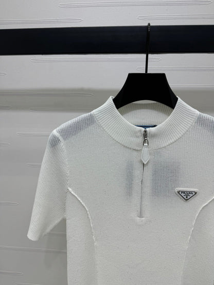 PRADA MOCK NECK SHORT-SLEEVE KNIT TOP WHITE 274815