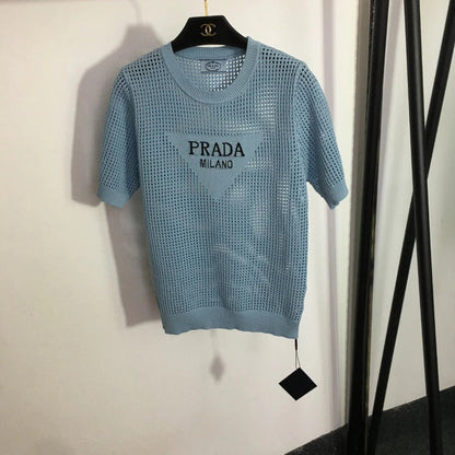 PRADA 25S SHORT-SLEEVE MESH KNIT PULLOVER SWEATER 293