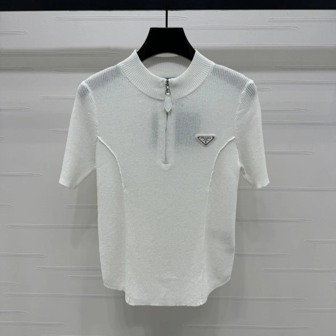 PRADA MOCK NECK SHORT-SLEEVE KNIT TOP WHITE 274815