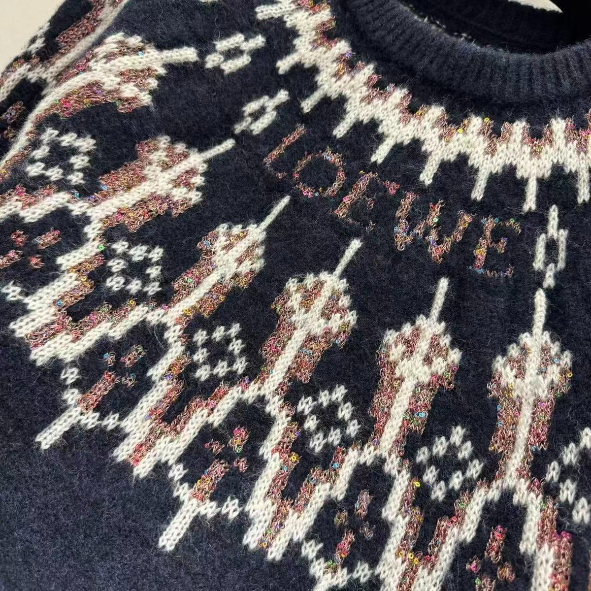 Loewe 2025 Sequin-embellished Fair Isle Wool-blend Navy Blue Sweater