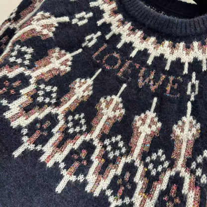 Loewe 2025 Sequin-embellished Fair Isle Wool-blend Navy Blue Sweater