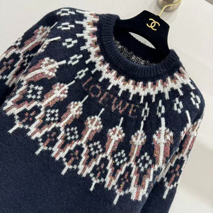 Loewe 2025 Sequin-embellished Fair Isle Wool-blend Navy Blue Sweater