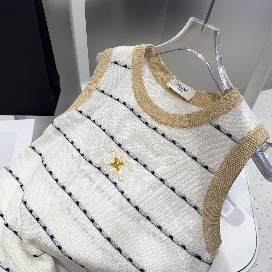 STRIPED TANK TOP 615178 IN WHITE COTTON RIBBED BEIGE TRIM