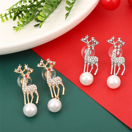 Christmas Alloy Deer Earrings With Pearl Zircon