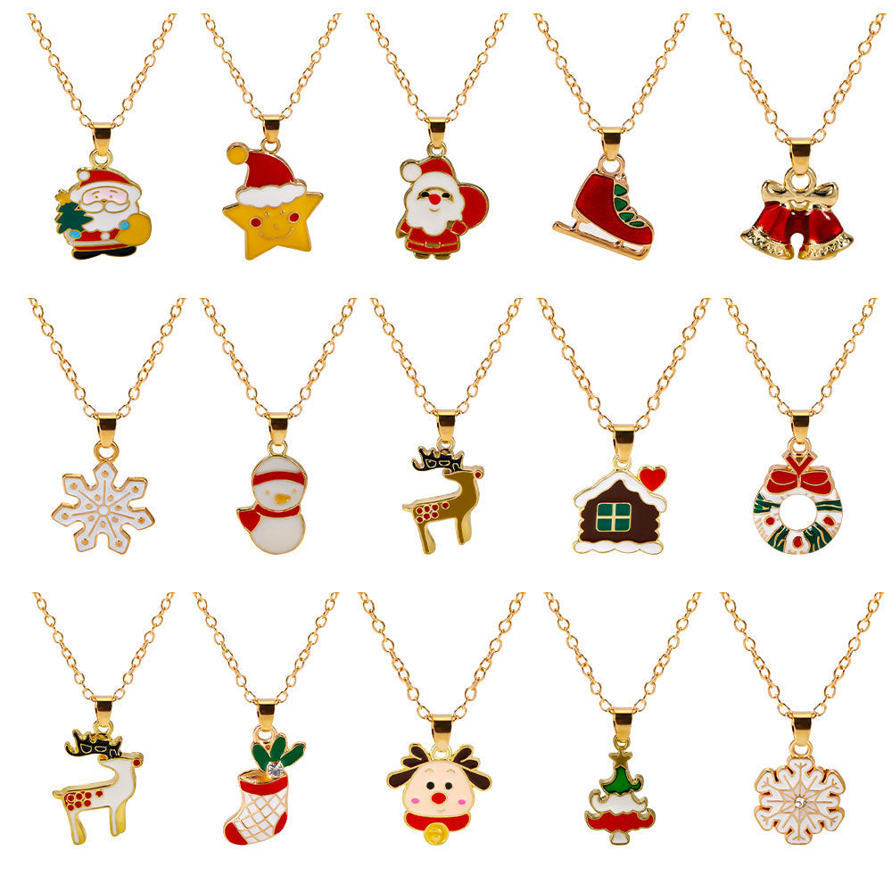 Christmas Alloy Santa Claus Tree Pendant Necklace