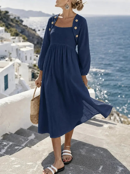 Sunny Coastal Linen-Blend Button-Detail Midi Dress