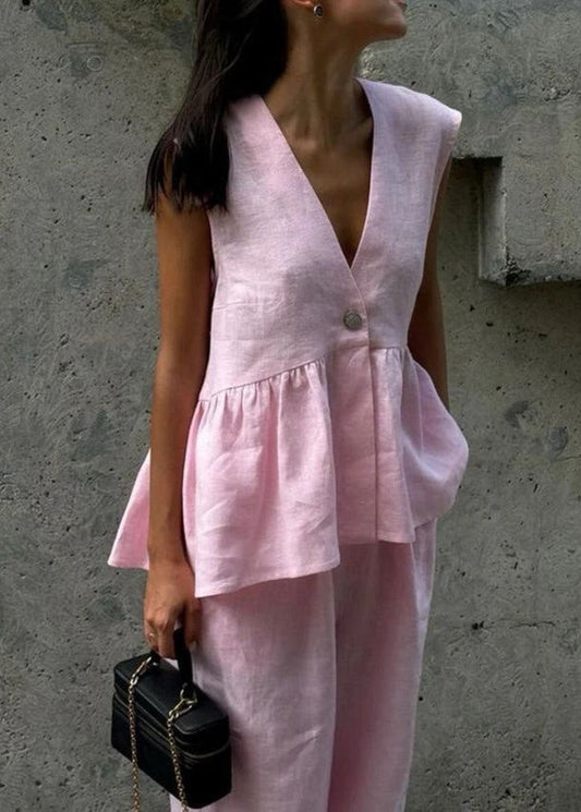 Flowy Sleeveless Linen Top And Wide Leg Pants Set