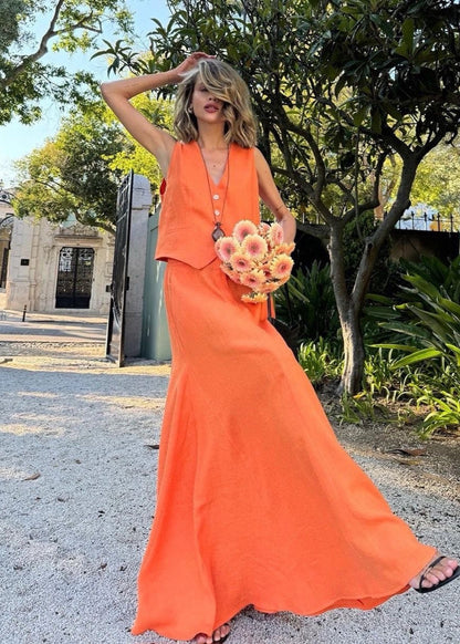 Sleeveless Linen Vest And Maxi Skirt Set In Orange
