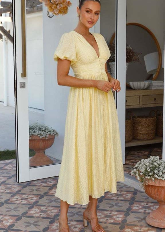 Smocked Midi Dress Light Textured Fabric Puff Sleeves