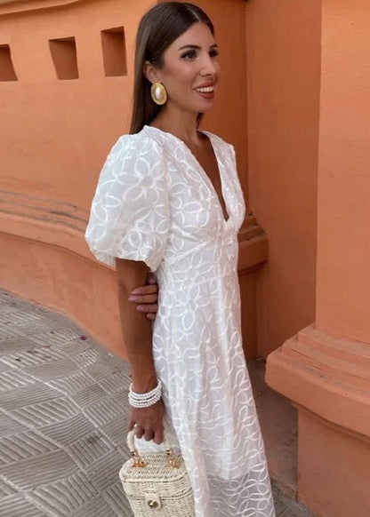 Embroidered Puff Sleeve Maxi Dress Cotton Textured Fabric