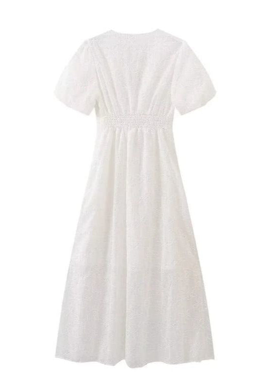 Embroidered Puff Sleeve Maxi Dress Cotton Textured Fabric