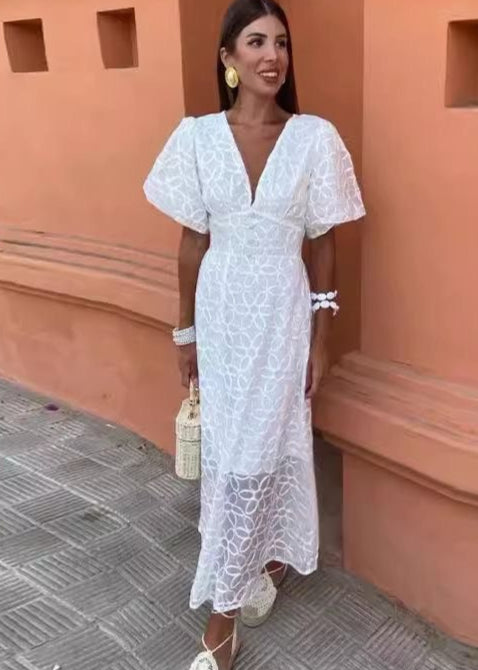 Embroidered Puff Sleeve Maxi Dress Cotton Textured Fabric