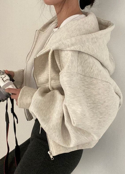 Neutral Fleece Knit Zip Up Hoodie With Drawstring Hood