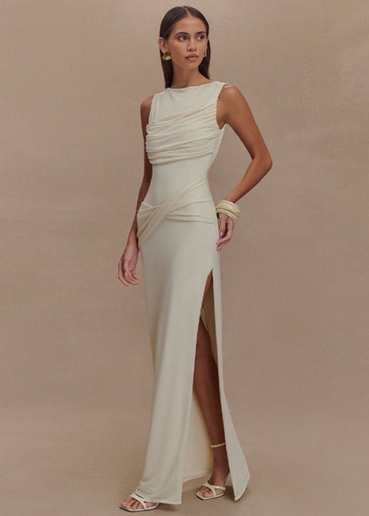 Champagne Sleeveless Maxi Gown With Draped Open Back