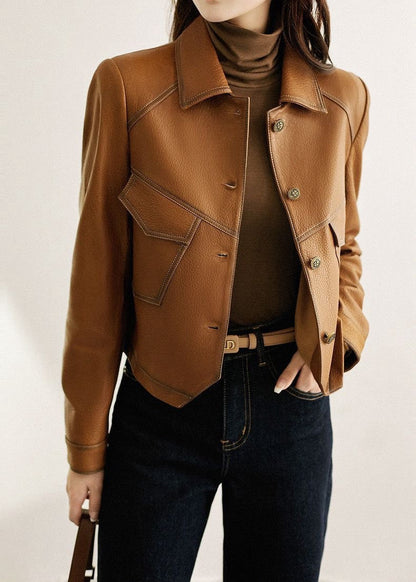 Cropped Faux Leather Jacket In Caramel Brown