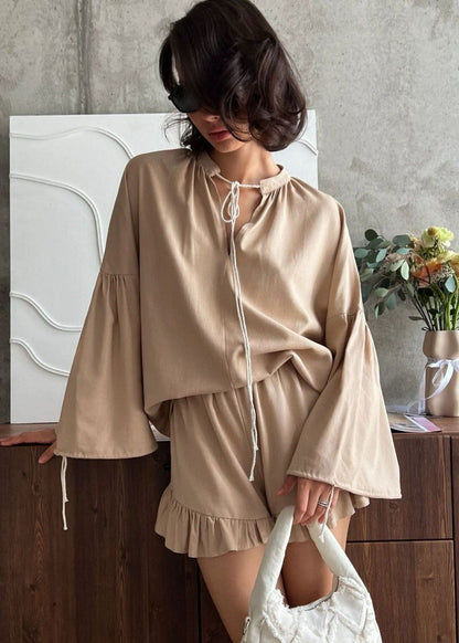 Lounge Set Breathable Fabric Long Sleeve Top Ruffled Shorts