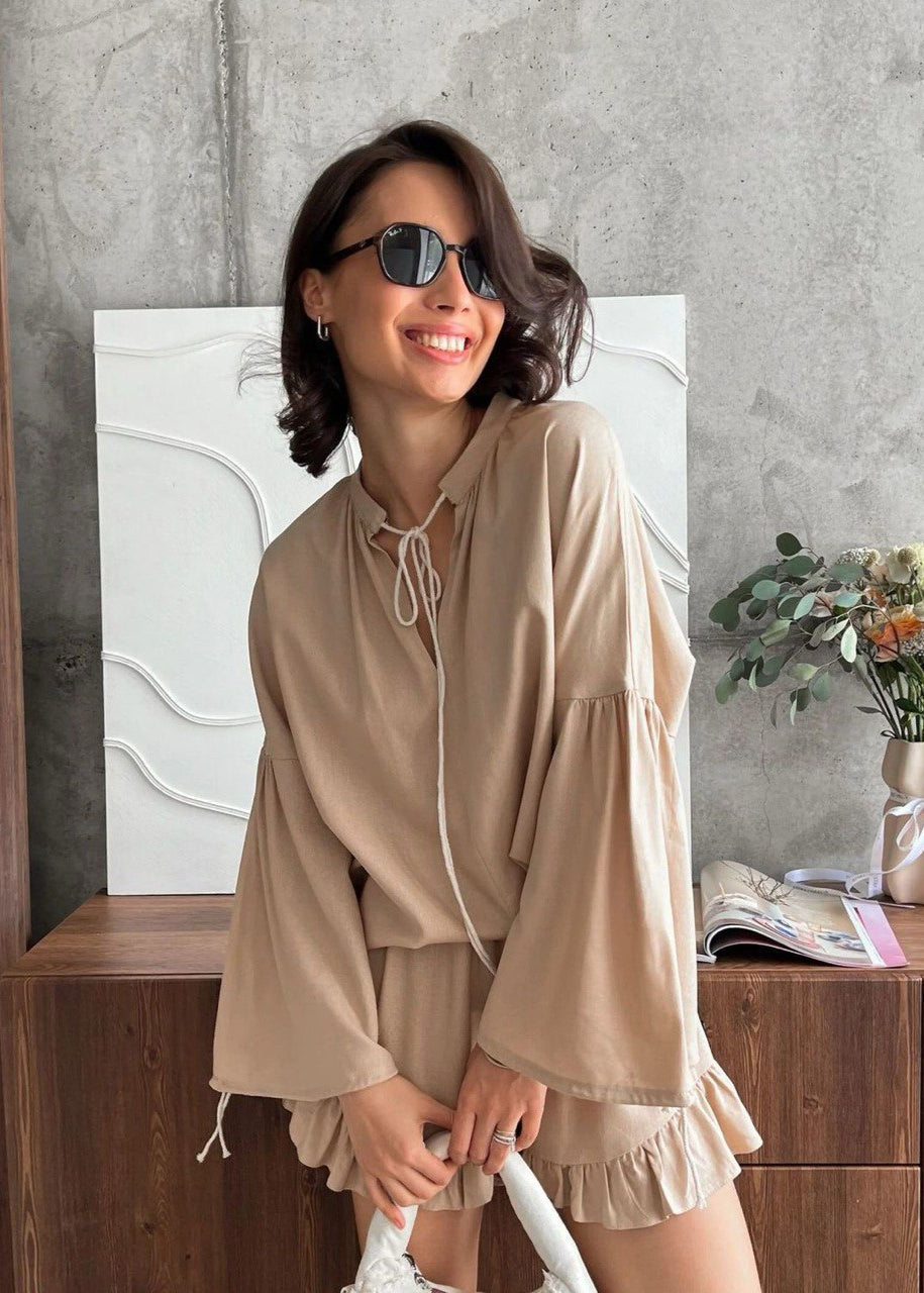 Lounge Set Breathable Fabric Long Sleeve Top Ruffled Shorts
