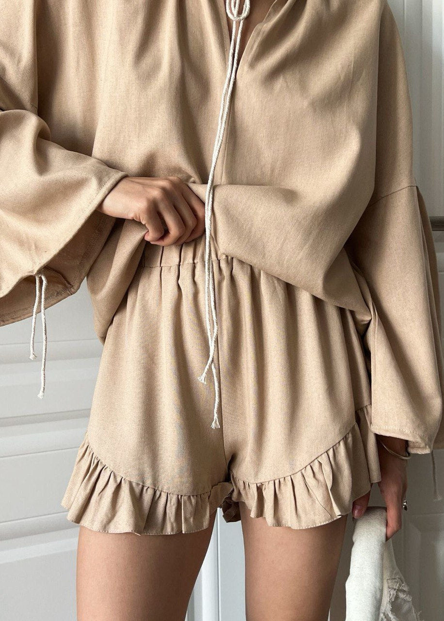 Lounge Set Breathable Fabric Long Sleeve Top Ruffled Shorts