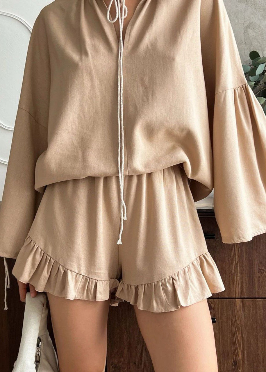 Lounge Set Breathable Fabric Long Sleeve Top Ruffled Shorts