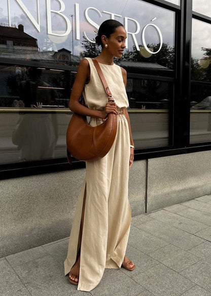 Wide Leg Set Lightweight Beige Sleeveless Top Palazzo Pants