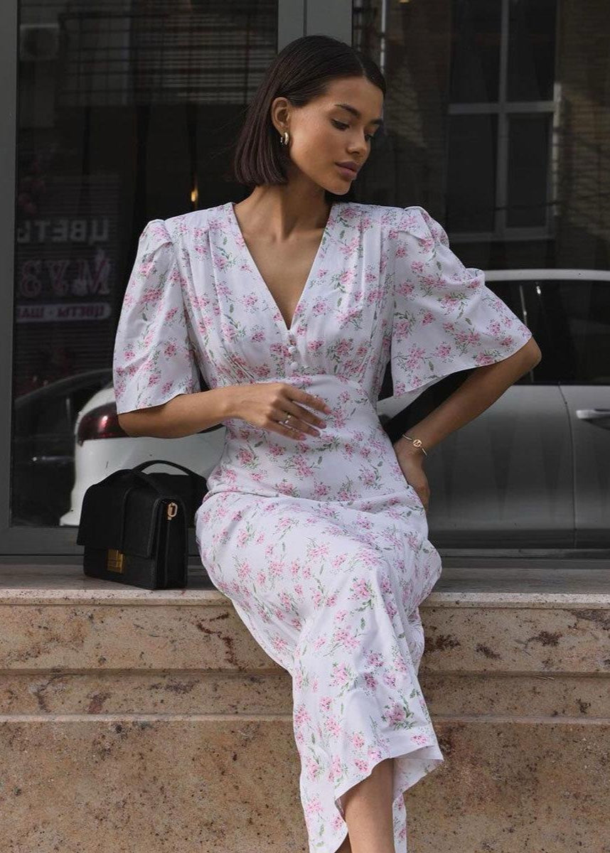 Midi Dress 100 Percent Rayon Pink Floral Design