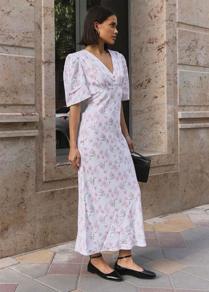 Midi Dress 100 Percent Rayon Pink Floral Design