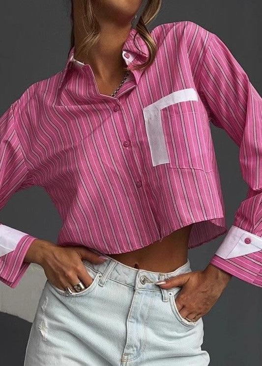 Striped Cropped Cotton Shirt With Pink Accents
