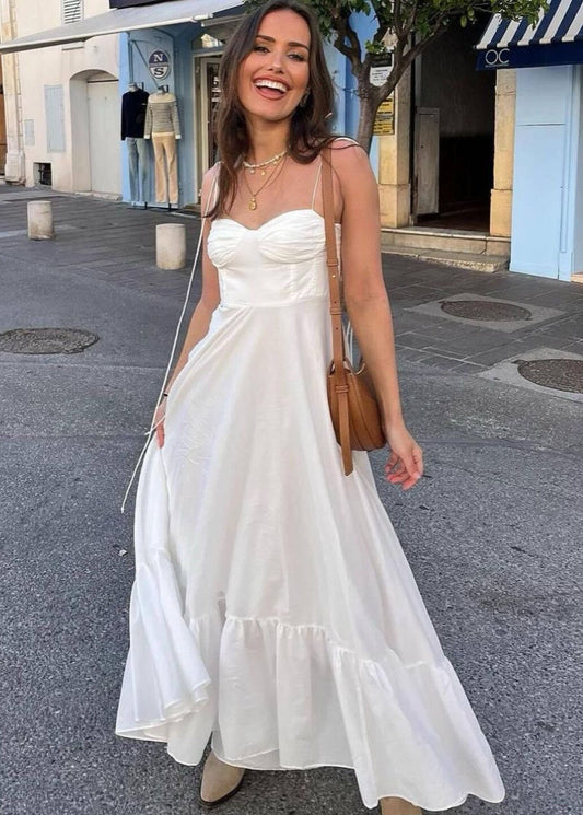 Flowy Polyester Maxi Dress with Tie Straps