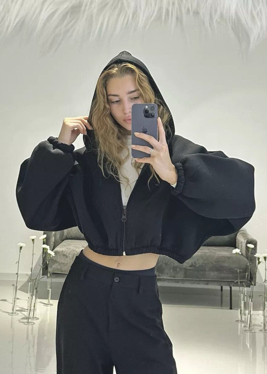 Cropped Fleece Hoodie with Oversized Balloon Sleeves