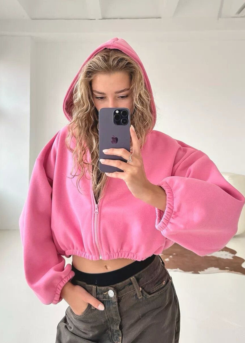 Cropped Fleece Hoodie with Oversized Balloon Sleeves