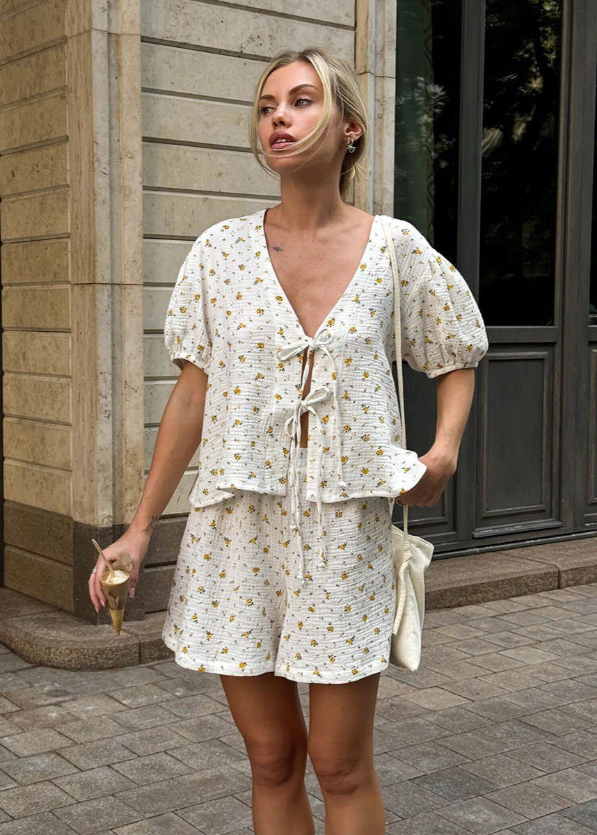 Cotton Tie Front Shorts Set With Floral Design