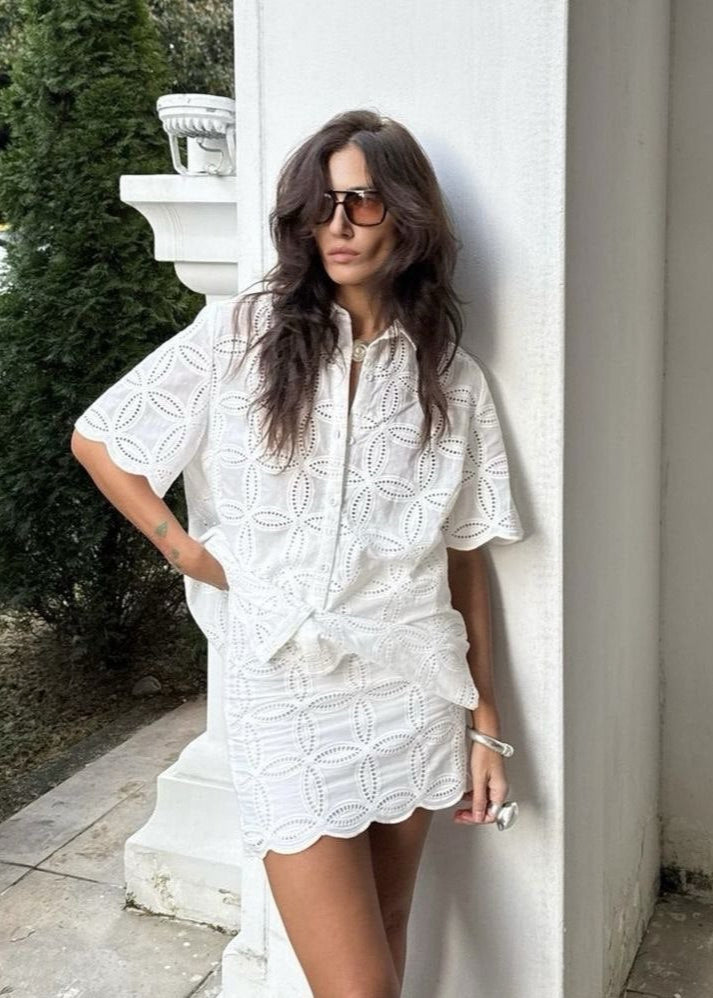 Cotton Two Piece Broderie Anglaise Shirt Skirt Set