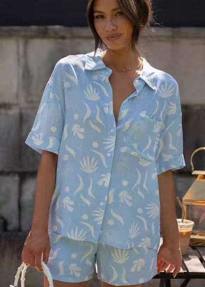 Light Blue Cotton Palm Print Co-Ord Set