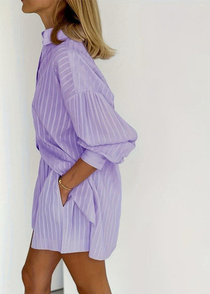 Striped Cotton Shirt And Shorts Set Purple