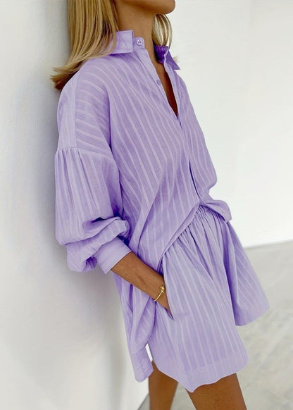 Striped Cotton Shirt And Shorts Set Purple