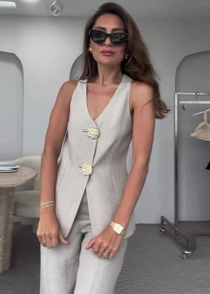 Wide Leg Linen Cotton Blend Vest And Trousers