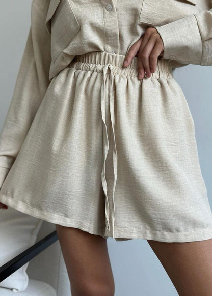 Button Down Shirt And Drawstring Shorts Set Cotton Polyester Blend