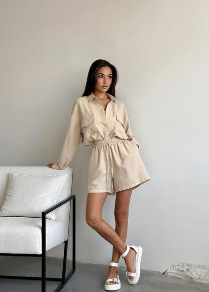 Button Down Shirt And Drawstring Shorts Set Cotton Polyester Blend