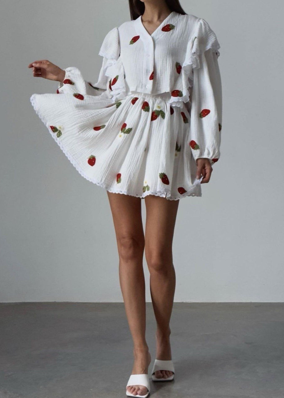 Two Piece Cotton Gauze Ruffled Top Skater Skirt Set
