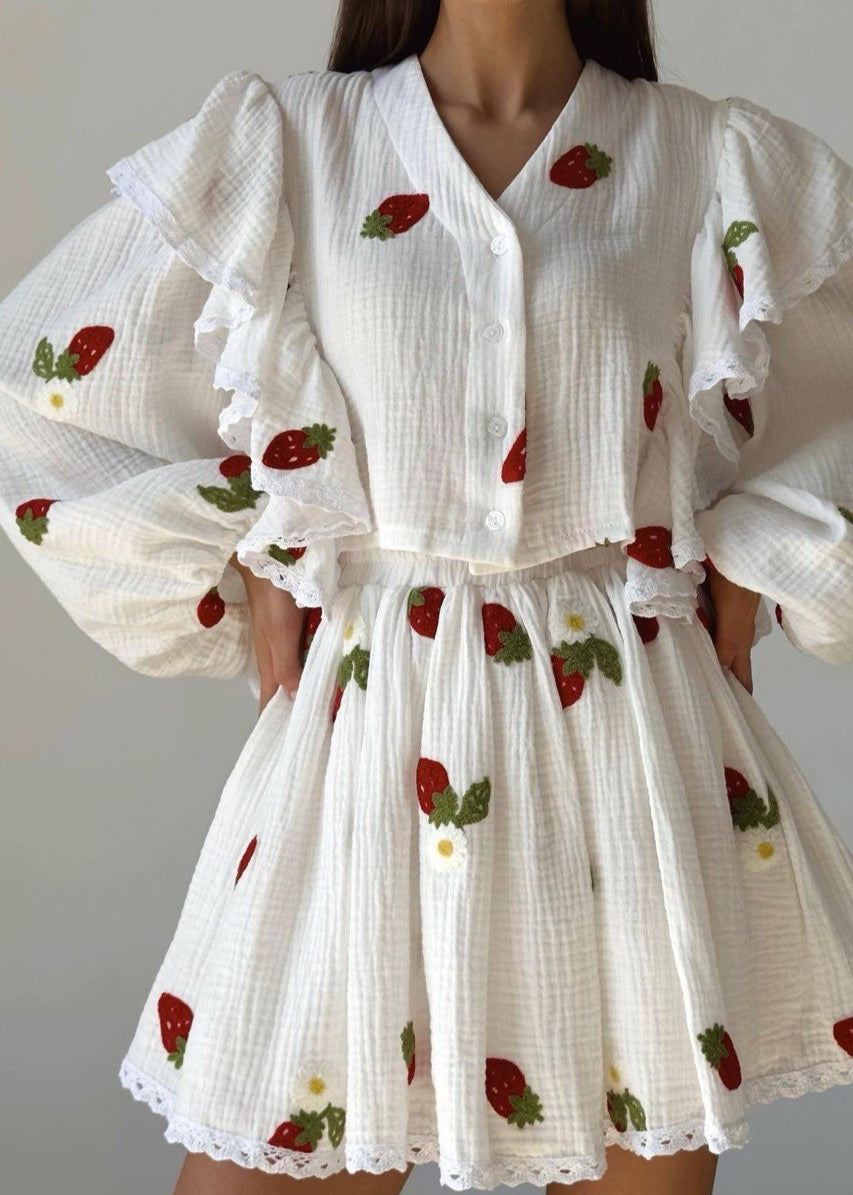 Two Piece Cotton Gauze Ruffled Top Skater Skirt Set