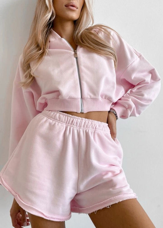 Cotton Blend Zip Hoodie And Raw Hem Shorts Set