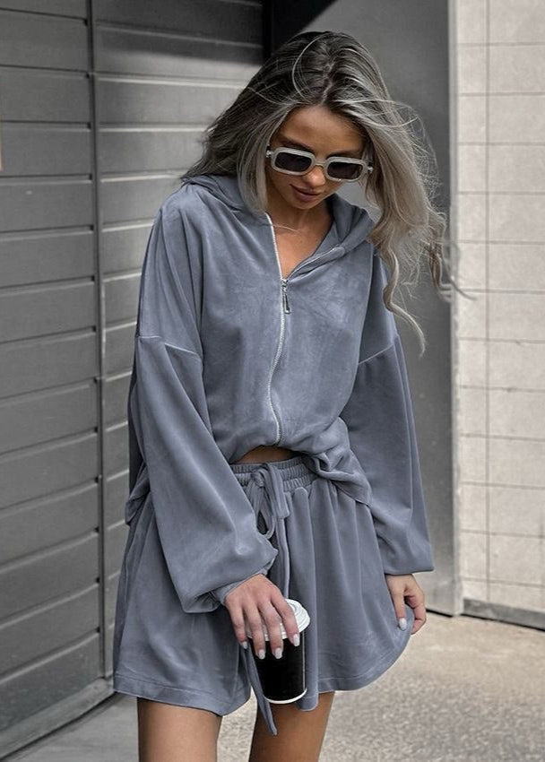 Zip Hoodie And Shorts Velour Lounge Set