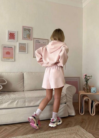 Zip Up Hoodie And Lounge Shorts Set Pink Fleece