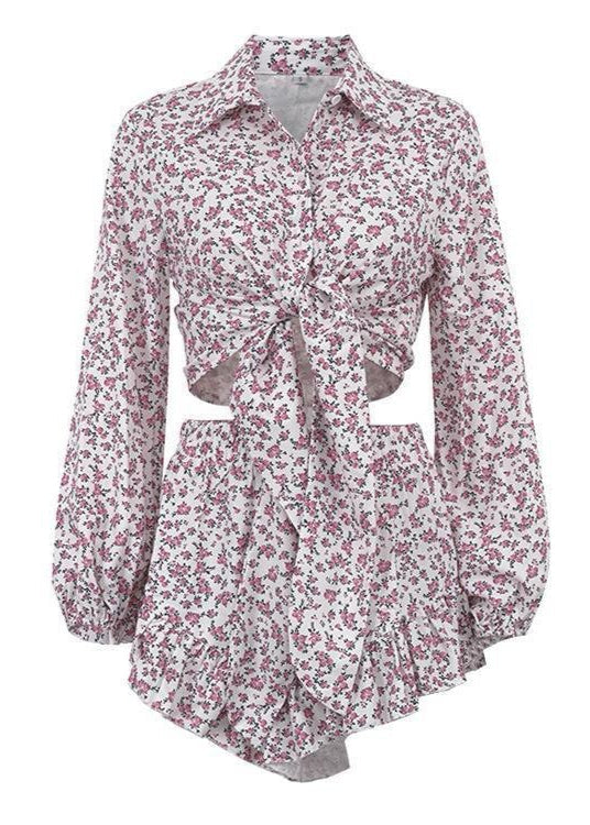Ruffled Floral Two Piece Set In Lightweight Fabric