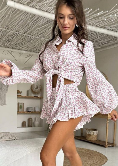 Ruffled Floral Two Piece Set In Lightweight Fabric
