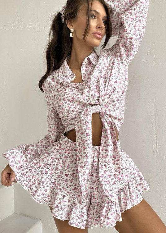 Ruffled Floral Two Piece Set In Lightweight Fabric