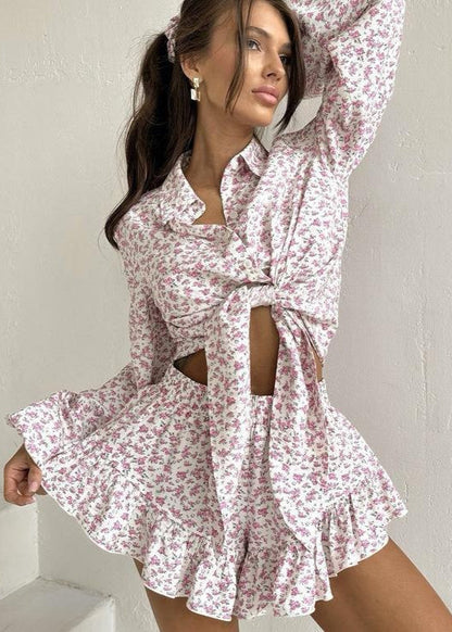 Ruffled Floral Two Piece Set In Lightweight Fabric