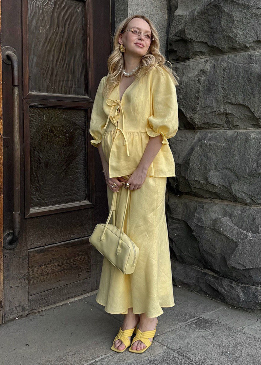 Cotton Puff Sleeve Set with Tie Waist Maxi Skirt