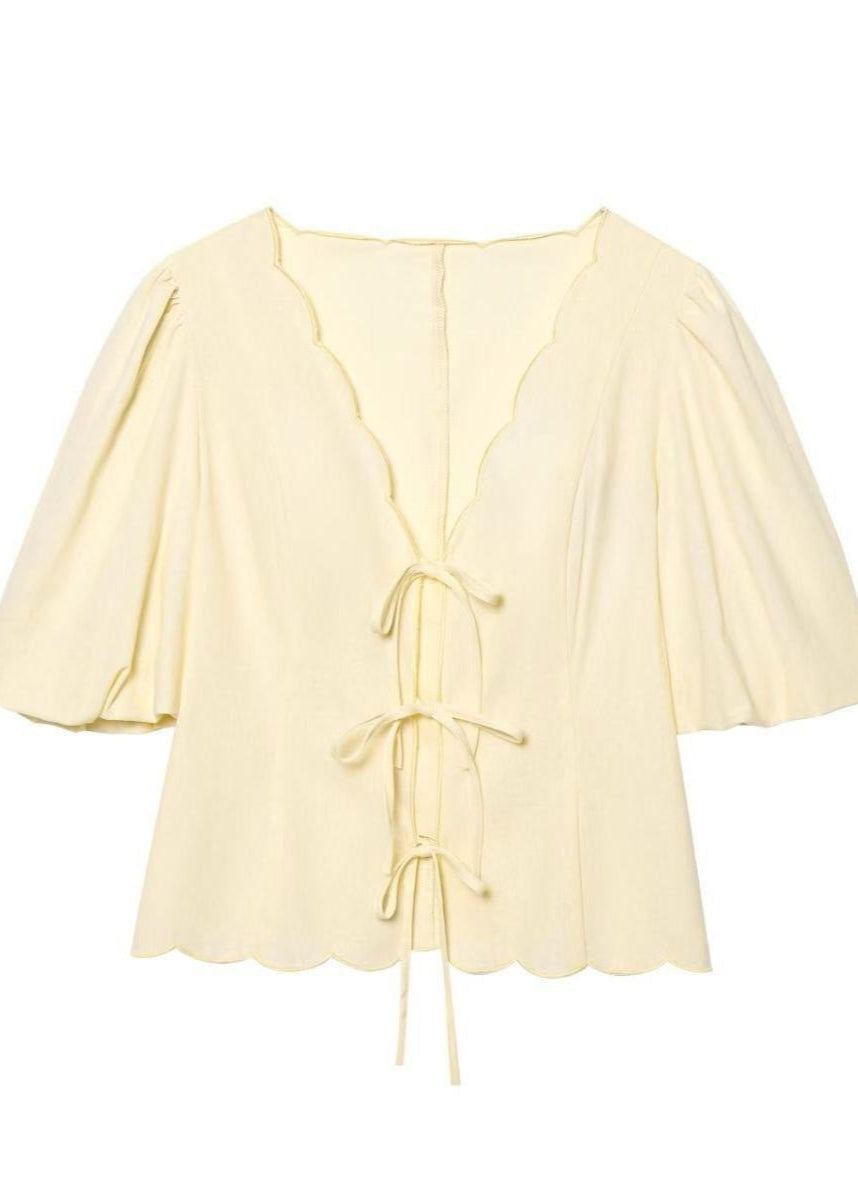 Scalloped Tie Front Blouse And Wide Leg Pants Set Polyester