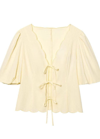 Scalloped Tie Front Blouse And Wide Leg Pants Set Polyester